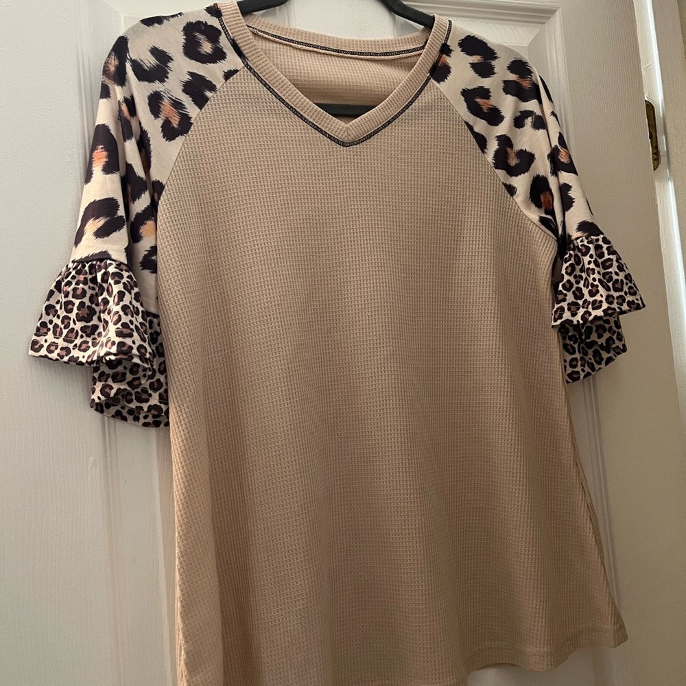 Leopard Print Sleeve Beige Women's Top